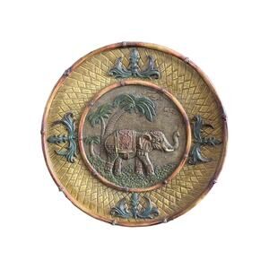 9” Vintage Elephant Art India Wall Hanging Decor Palm Trees Bamboo Resin